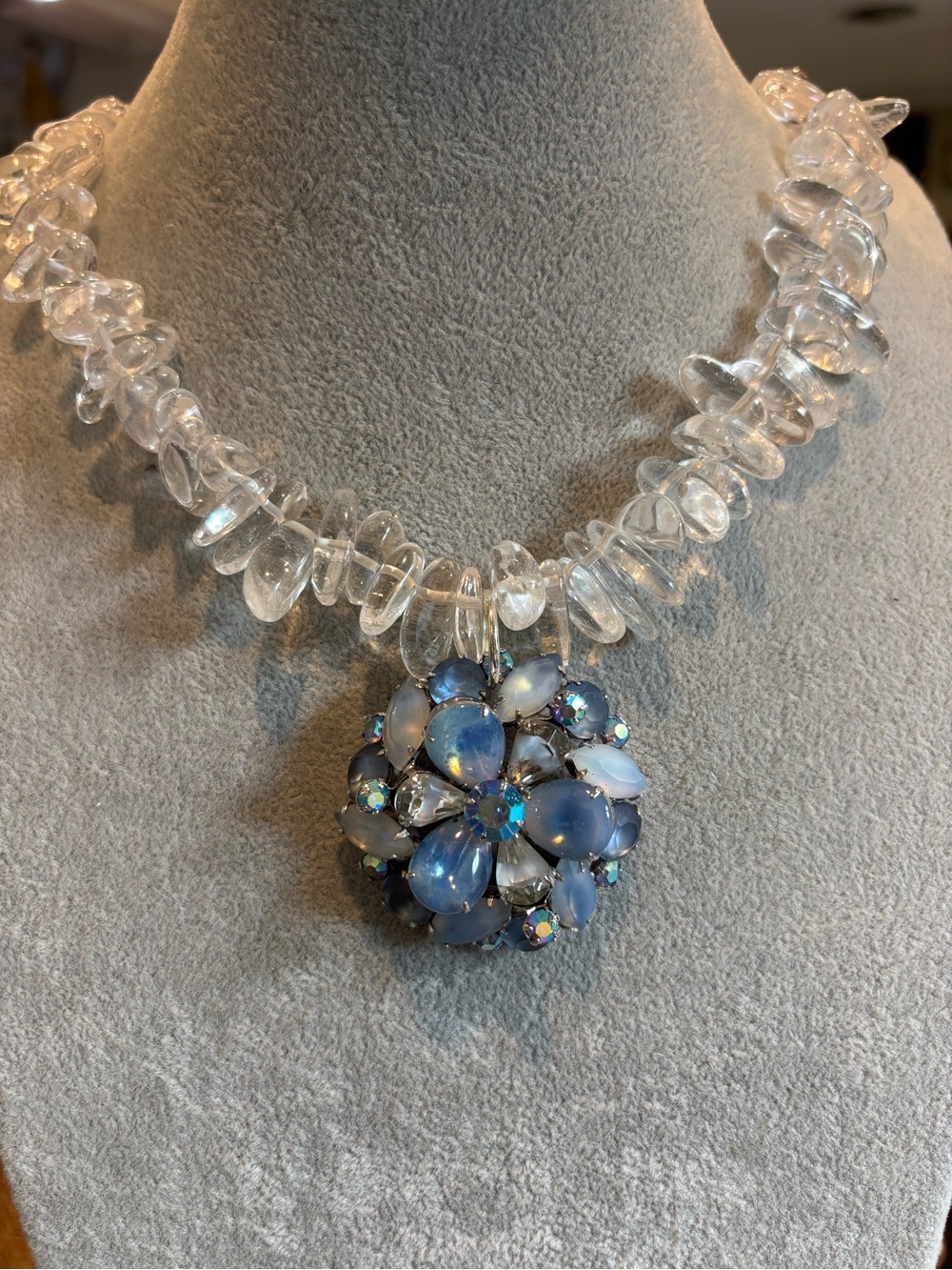 Clear Crystal Chip Necklace with Blue vintage repurposed crystal Pendant
